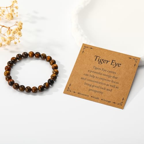 Gnamy Healing Crystal Bracelet for Women, Natural Stone Beaded Healing Crystal Bracelet Triple Protection Stress Relief Beads Jewelry Birthday Gifts Jewelry for Her - style: Tiger Eye