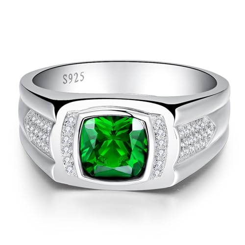Yaresul 8 * 8mm 2.85CT 925 Sterling Silver Mens Gemstone Ring Princess Cut Created Black Onyx|Sapphire|Emerald|Ruby Mens Wedding Band Engagement Ring Pave CZ W/AAA Size 6-13 - color: Created Emerald