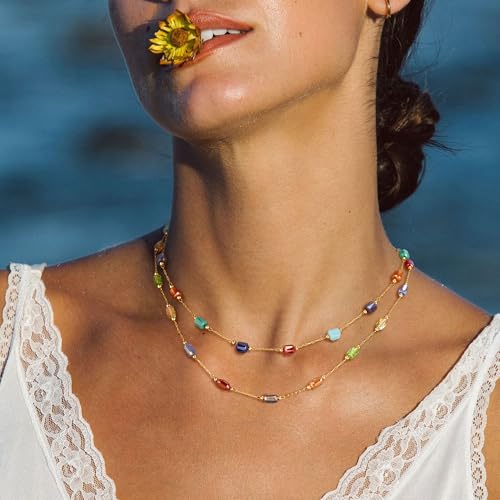 MTMY Beaded Necklaces for Women 14K Gold Plated Dainty Colorful Green/Rose Beaded Pearl Choker Necklace Delicate Boho Choker Necklace Jewelry Gift - style: mixed color cube