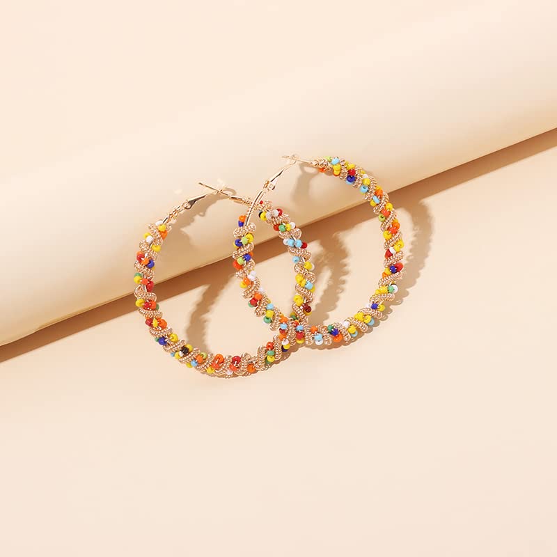 2 Pairs Bohemian Colorful Beads Circle Round Hoop Earrings Gold Hoop Dangle Earrings for Women Vintage Boho Jewelry - color: wide