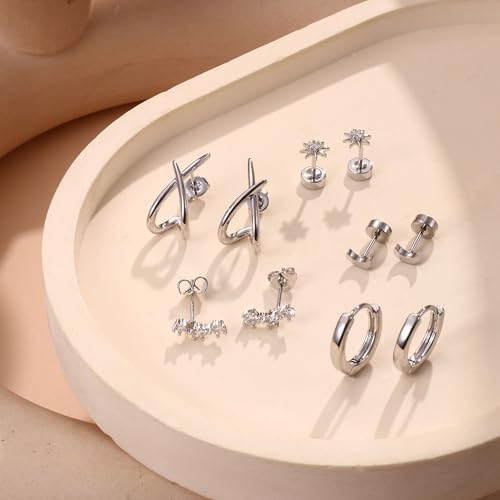 FUNRUN JEWELRY Stud Earrings for Women Trendy-14K Gold Plated Earring Studs Set Hypoallergenic Flatback Stud Earrings Small Dainty Sterling Silver Earring Stacks for Sensitive Ears - style: Silver Earring Stack