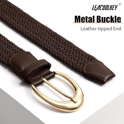 LEACOOLKEY Stretchy Braided Golf Belt for Women Elastic Woven Belts Unisex Elastic Fabric Belt for Jeans Pants - color: Coffee/Gold Buckle, size: Fit waist size below 27"