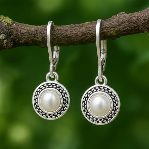 Savma Handmade 925 Sterling Silver Leverback Earrings for Women, Vintage Celtic Round Crystal Dangle Drop Earrings, Lightweight Boho Hypoallergenic Jewelry Gift - color: Pearl White Stone