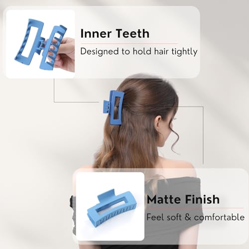 12 Pcs Blue Large Square Hair Claw Clips for Women, 4.3-Inch Matte Rectangle Claw, Strong Hold Non-slip Hair Clips for Thick & Thin Hair - color: Blue
