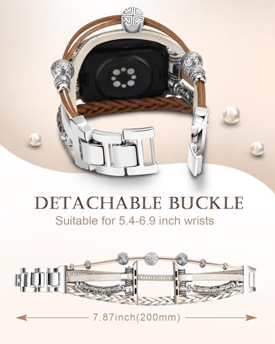 Compatible with Apple Watch Band 40mm for Women, Boho Bracelet for Apple Watch 41mm 38mm, Multilayer Leather Wrap Braided Strap for iWatch Series 11/10(42mm)/9/8/7/6/5/4/3/2/1/SE White Silver - color: A-Silver White, size: 42(series 11/10)/41/40/38mm