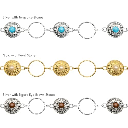 Women's Concho Chain Belt – Adjustable Western Waist Belt for Cowgirl, Festival & Boho Outfits - color: Silver With Turquoise, size: Large-X-Large