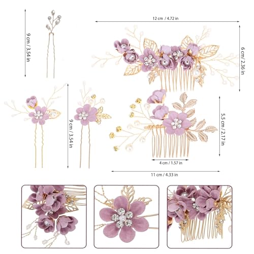 10PCS Floral Hair Comb Set for Women - Baby Purple Flower Hair Accessories, Victorian Hair Clips for Wedding, Prom, Mother of Bride, Flower Girl (Rose Gold, Fake Flowers) - color: Purple-F10