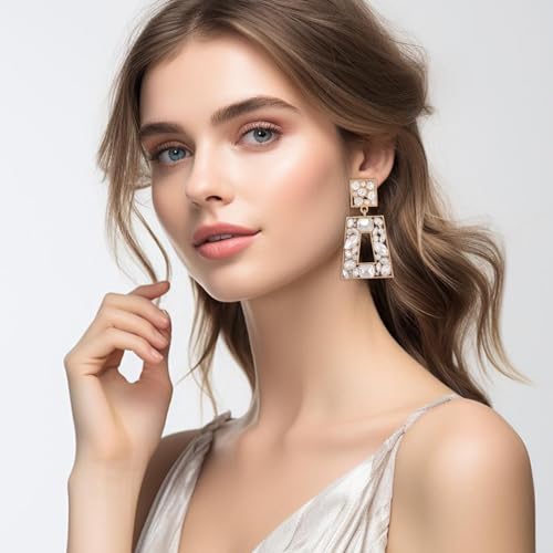 Rhinestone Rectangle Statement Earrings Colorful Crystal Geometric Drop Dangle Earrings for Women Prom Party - color: Clear