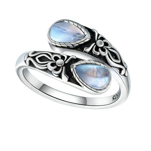 Adjustable Thumb Rings for Women Vintage Moonstone Obsidian Turquoise, Spoon Style Adjustable Ring Gift for Her, Sister, Mom – Natural Gemstone Jewelry - style: Moonstone Bow Ring