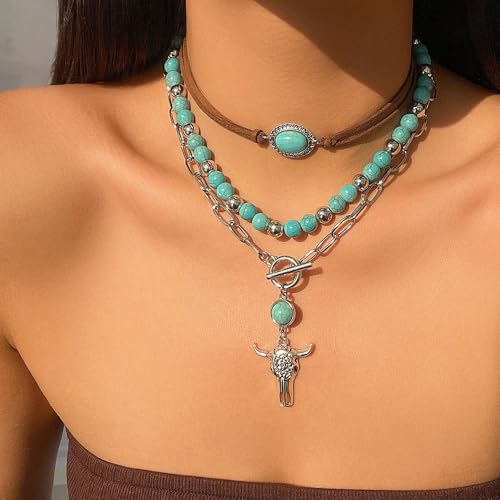 GIGB PBDK Boho Western Necklaces for Women,Turquoise Beaded Layered Necklaces Vintage Cow Cactus Pendant Choker Necklace Set,Cowgirl Jewelry Accessories Gifts - style: A1