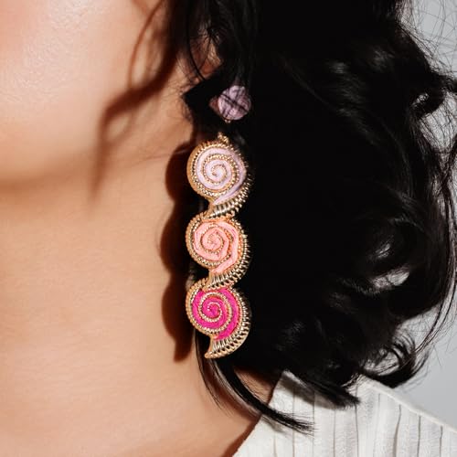 Boho Raffia Earrings Starfish Shell Seashell Dangle Drop Earrings Cute Statemnet Trendy Jewelry Summer Beach Outfits for Women - color: Pink, size: Seashell