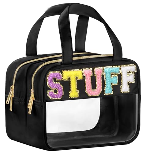 Chenille Letter Clear Makeup Bags, Stuff Bag for Travel, Preppy Patch Nylon Cosmetic Bag with Handles and Zipper, Waterproof Large Clear Travel Toiletry Bag Storage Bag for Women Black - color: Black-Stuff