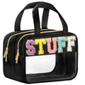 Chenille Letter Clear Makeup Bags, Stuff Bag for Travel, Preppy Patch Nylon Cosmetic Bag with Handles and Zipper, Waterproof Large Clear Travel Toiletry Bag Storage Bag for Women Black - color: Black-Stuff