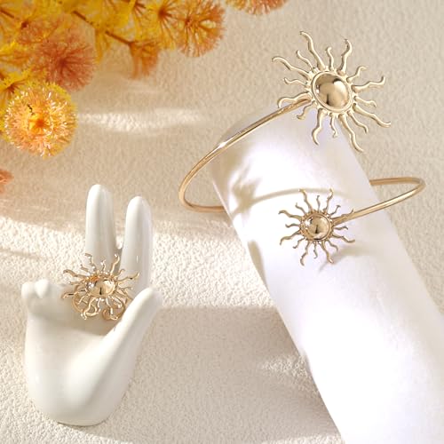 Gold Arm Cuff with Ring, 2 Pcs Open Upper Arm Bracelet and Ring with Rhinestones, Adjustable Metal Armband Jewelry Set - color: Sun