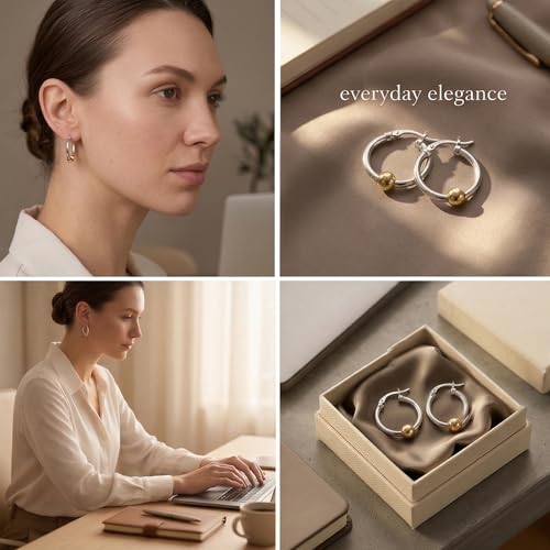 LeCalla 925 Sterling Silver Beaded Ball Hoop Earrings | Lightweight Sleeper Bead Ball Earring Hoops | Cape Style Hoop Earrings for Women - color: Thick Tube Two Tone