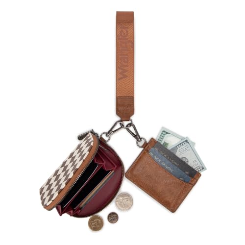 Montana West Wrangler KeyChain Wallet Checkered Wristlet Wallets for Women Western Dual Pouch Wristlet Credit Card Holder Wallet - color: Checkered Brown