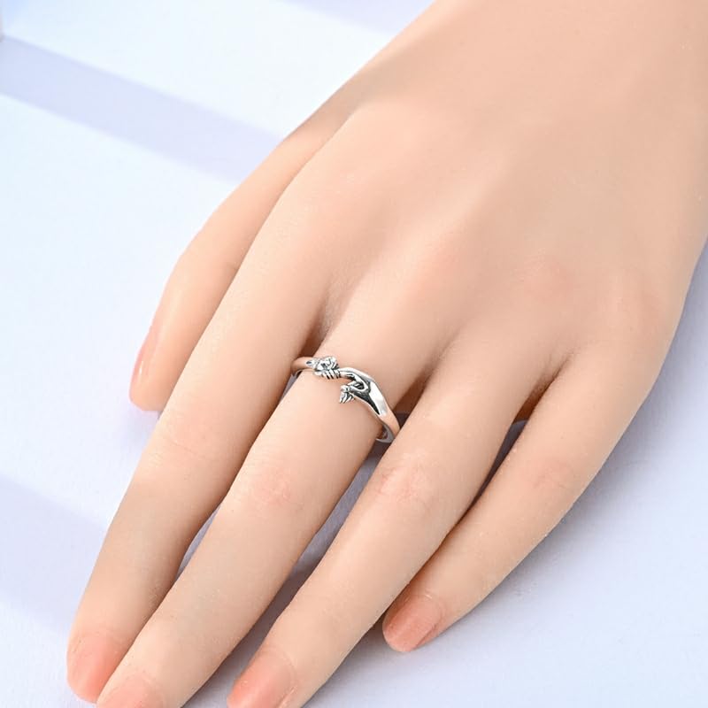 PARCOM Adjustable Women Stackable Ring, 925 Sterling Silver Open Rings - Trendy Eternity Cubic Zirconia Stackable Band Engagement Promise Ring for Her, Hypoallergenic Non Tarnish Nature Bird Floral Thumb Rings - color: Hand-in-Hand