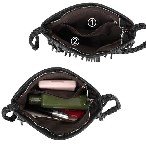 Hoce Women’s Leather Fringe Messenger Bag Large Hobo Crossbody Tassel Shoulder Bags, Gift for Mom Wife Girlfriend - color: Cd-black