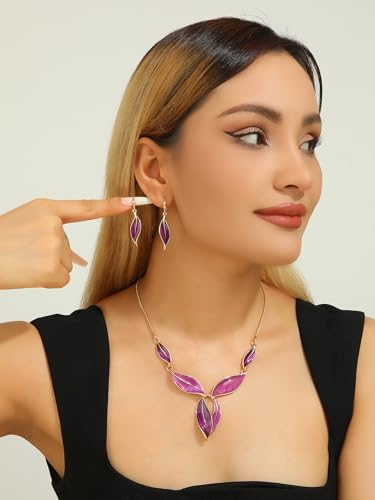 Vintage Chunky Statement Jewelry Set Retro Leaf Floral Geometric Bohemian Boho Bib Necklace Earring Set Fashion Costume Jewelry for Women Girls Wedding Party Prom Unique Gift - style: leaf jewelry set gold purple