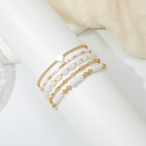 Dainty Gold Plated Pearl Crystal Beaded Bracelets Set for Women 14K Gold Plated Bead Pearl Beads Bracelet Stackable Paperclip Link Chain Bracelets Gold Plated Bracelets for Women Trendy Jewelry - color: Style4-gold bracelets set2