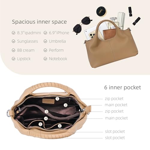 Iswee Genuine Leather Shoulder Bags Purses and Handbags for Women Satchel Designer Cross Body Hobo Medium Size Tote - color: Apricot