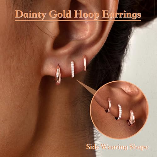 Poxtex Small Sterling Silver Huggie Hoop Earrings Set for Women, Hypoallergenic 14K Gold Plated Hoops Stacks for Multiple Piercings, Dainty Cute Mini Lightweight Cartilage Studs Trendy Jewelry Gift - color: Rose Gold-moon hoop