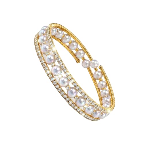Pearl Rhinestone Stretch Cuff Bracelet for Women Adjustable | Perfect for vintage weddings parties vacations and everyday wear - color: Gold
