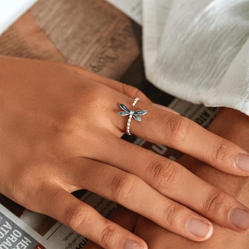 BISAER 925 Sterling Silver Ring Adjustable Cute Unique Cat Snake Butterfly Dragonfly Fashionable Ring For Women Jewelry - color: Green Dragonfly