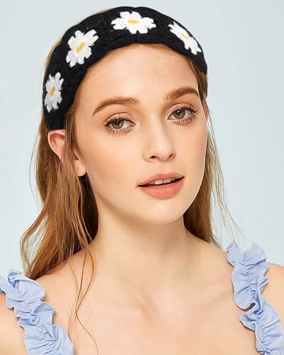 HAIMEIKANG Hippie Hair Bandanas Headbands for Women Boho Headband Knit Hair Bands Floral Head Wrap for Girls(Black+Coffee+Beige) - color: Black+Coffee+Beige