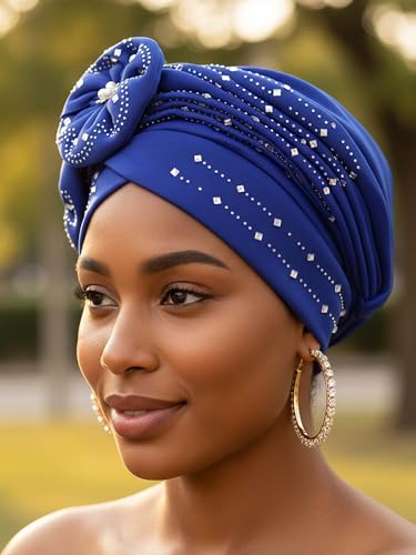 Woeoe Beanie Cap Head Wrap Black Rhinestones Head Scarf Flower Pearls Twisted Head Turban for Women Girls - color: Blue