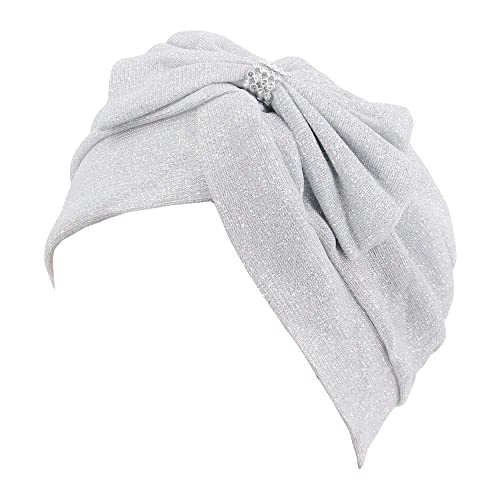 Erinaco Women Sparkle Sequin African Turban Bow Knot Pre-Tied Cap Pleated Ruffle Bonnet Beanie Hat Headwrap Skull Caps - color: Glitter White