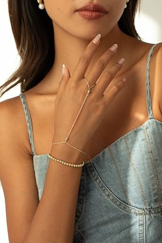 Risamil 14K Gold Plated Hand Chain Bracelets for Women Trendy, Dainty 2PCS Ring Bracelet Hand Chain Finger Bracelets Layered Stackable Link Bracelets for Women Jewelry Gifts for Women - color: BRBead