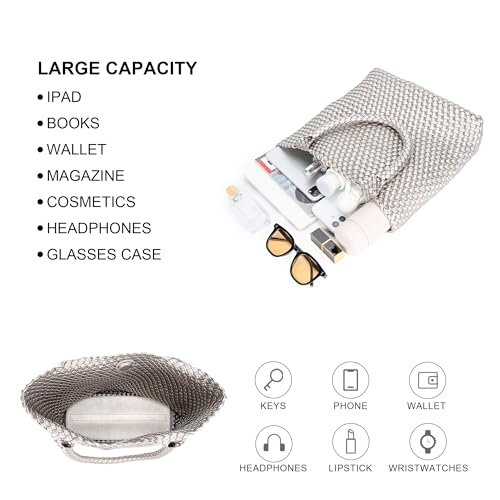BAGOK Woven Tote Bag for Women, Handwoven Vegan Leather Shoulder Bag with Clutch, Large Tote for Work, Travel & Beach - color: Silver
