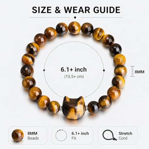 Beaded Bracelets for Women, Black Obsidian Money Attraction Bracelet, 8mm Healing Relax Anxiety Luck Crystal Bead Bracelets, Adjustable Jewelry Feng Shui Stretch Bracelet Cat Lover Gifts for Women Men - color: Tyger Eye Cat