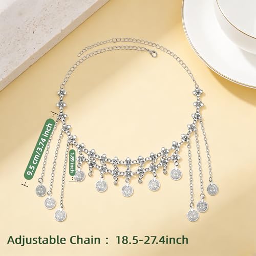 Silver Coin Tassel Head Chain - Ethnic Fringe Forehead Chain Necklace Versatile Jewelry for Women, Tribal Gypsy Belly Dance Headpiece for Festivals, Parties & Everyday Wear