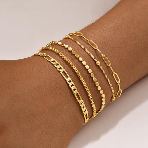 Gold Bracelets for Women, 14K Gold Plated Stackable Bracelet Stack Set Adjustable Charm Paperclip Chain Snake Link Layered Waterproof Jewelry Sets Gifts - style: Bracelets Set /2