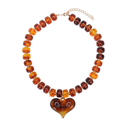 Chunky Colorful Beaded Statement Boho Summer Beach Chokers Necklace Heart Pendant Pink Green Yellow Brown Fashion Jewelry - color: Gold-brown4