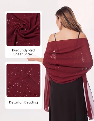 Shawls and Wraps for Evening Dresses Sheer Chiffon Women Elegant Soft Silky Sparkly Wedding Bridal Scarf - color: Burgundy B