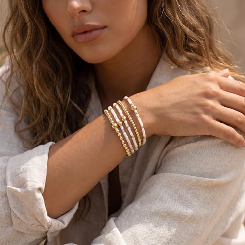 14K Gold Plated Beaded Bracelets Stack Set for Women,Stretch Boho Colorful Beads Ball Jewelry Friendship Summer Trendy - color: White