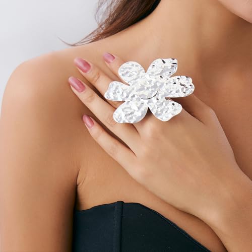 Gold Large Hammered Flower Knuckle Rings for Women, Statement Boho Silver Exaggerated Big Floral Finger Ring Non Tarnish Trendy Prom Party Jewelry
