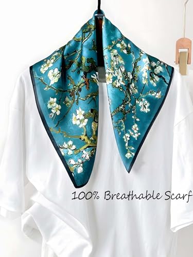 100% Mulberry Silk Scarf for Women Hair Lightweight Square Neckerchief Wrap For Head Scarves 21" - color: 18-blue/White Flowers /21"*21"