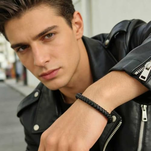 Men's Leather Bracelet, Stackable Stainless Steel Clasp Bracelets for Men Stylish Birthday, Thanksgiving, Valentine's Day Gift for My Man - style: 8.2" Black and Golden