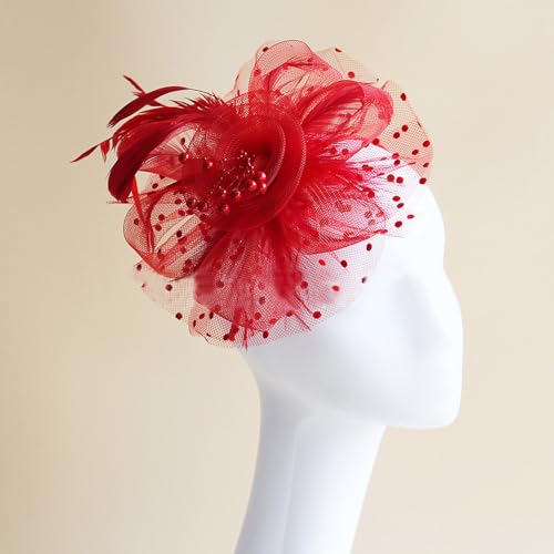 Fascinators Hat Pearl Earrings Necklace Bracelets Gloves 1920s Headband Hair Clips Women Flower Mesh Feather Headpiece Headwear Halloween Carnival Cocktail Wedding Tea Party Accessories Red - color: Red