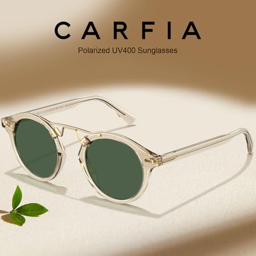 CARFIA Double Bridge Small Acetate Sunglasses for Women Polarized, Retro Metal Brow Ladies Sunnies Fashion Round Eyewears - color: 1. Clear Yellow Frame Green Lens