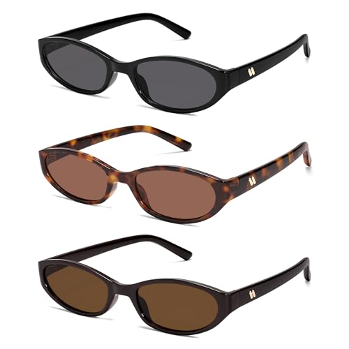 Retro Oval Sunglasses for Women Men Y2k Narrow Cat Eye Sunnies Skinny Shades AR82299 - color: A01 Black/Grey+tortoise/Brown+chocolate/Brown