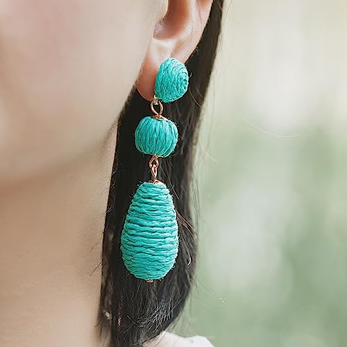 Boho Raffia Earrings Statement Dangle Earrings Cute Teardrop Ball Earrings Colorful Summer Jewelry Handmade Rattan Earrings for Women - color: Teal
