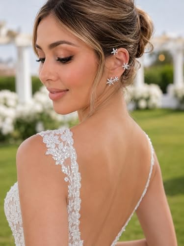 2PCS Glitter Rhinestone Snowflake Ear Cuff Vintage Flowers Non-Piercing Fake Earrings Bridal Wedding Climber Ear Wrap Prom Ball Ear Jewelry for Women