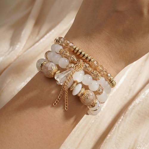 Bohemian Bracelet Sets for Women - 4-Pack Stackable Stretch Bead Bracelets with Black＆White Crystal & Gold Accessories, Multi-Layer Boho Jewelry - color: white