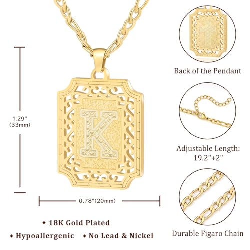 LETFLY Initial Necklaces for Women Men, 18K Gold Plated Letter Cross Pendant Necklace Alphabets A-Z Figaro Chain Jewelry Gifts - color: Square, style: Letter K