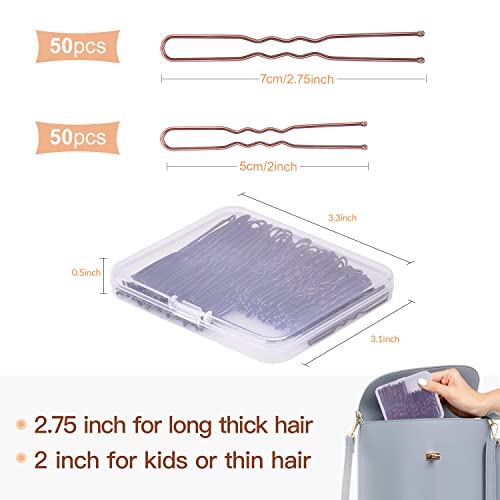 Hair Pins for Women, IKOCO 2inch and 2.75inch U Shaped Bobby Pins with Storage Box, 50Pcs of each size, Brown - color: Brown